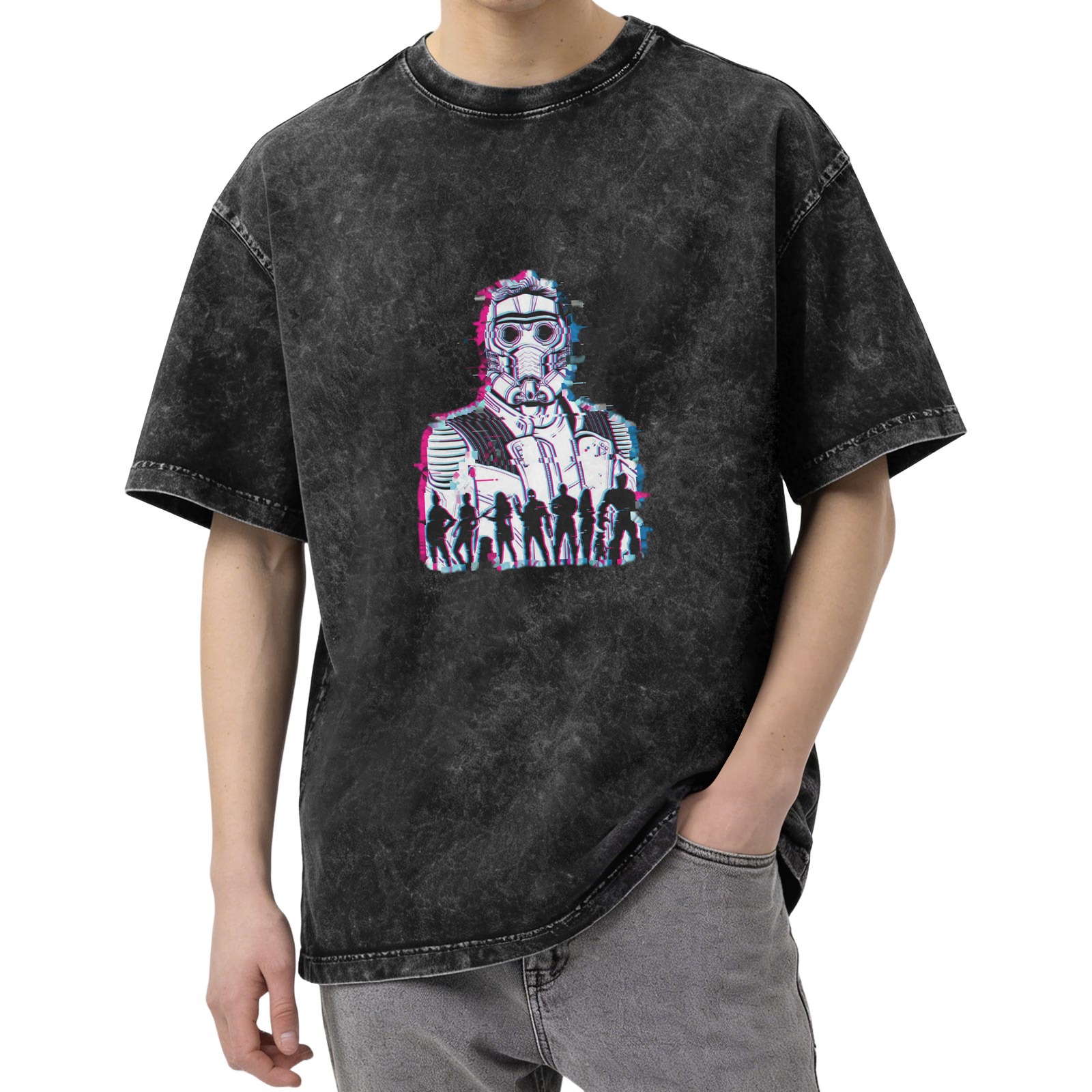 Washed black graphic t-shirt with glitch space team character print