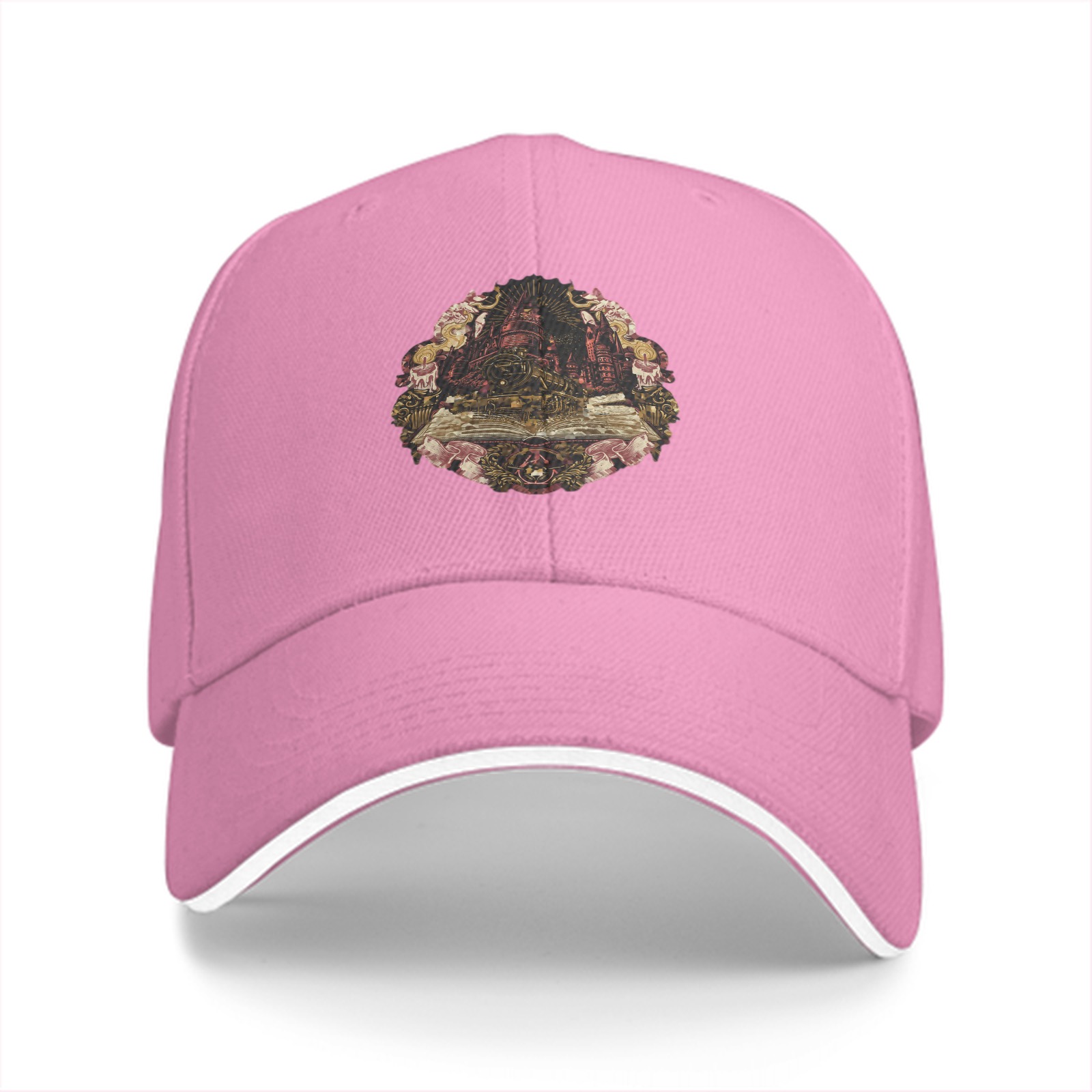 Black baseball cap with magical castle and train graphic