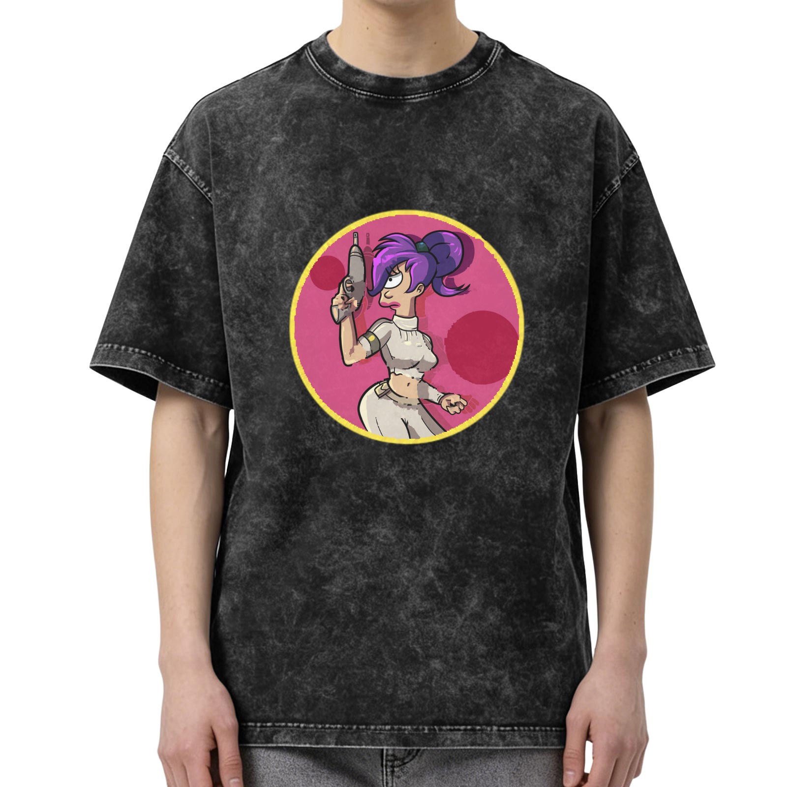 Washed black graphic tee with futuristic space character print