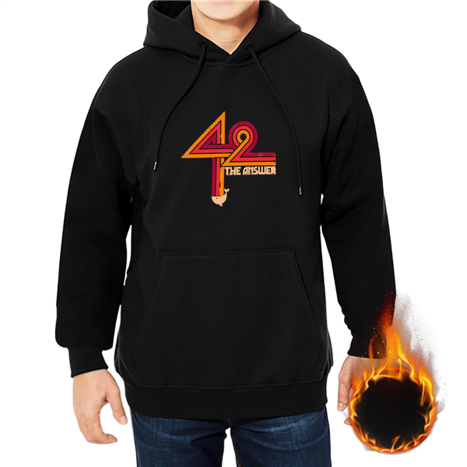 Black hoodie with 42 The Answer retro graphic print