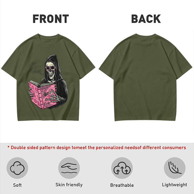 Olive T-Shirt Featuring Grim Reaper Reading Pink Book With Sunglasses