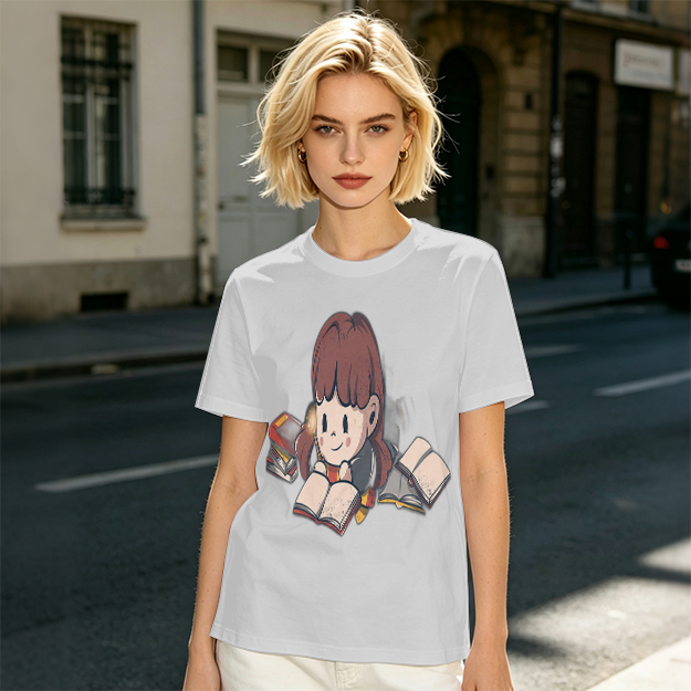 Olive T-shirt with Charming Girl Reading Books Graphic