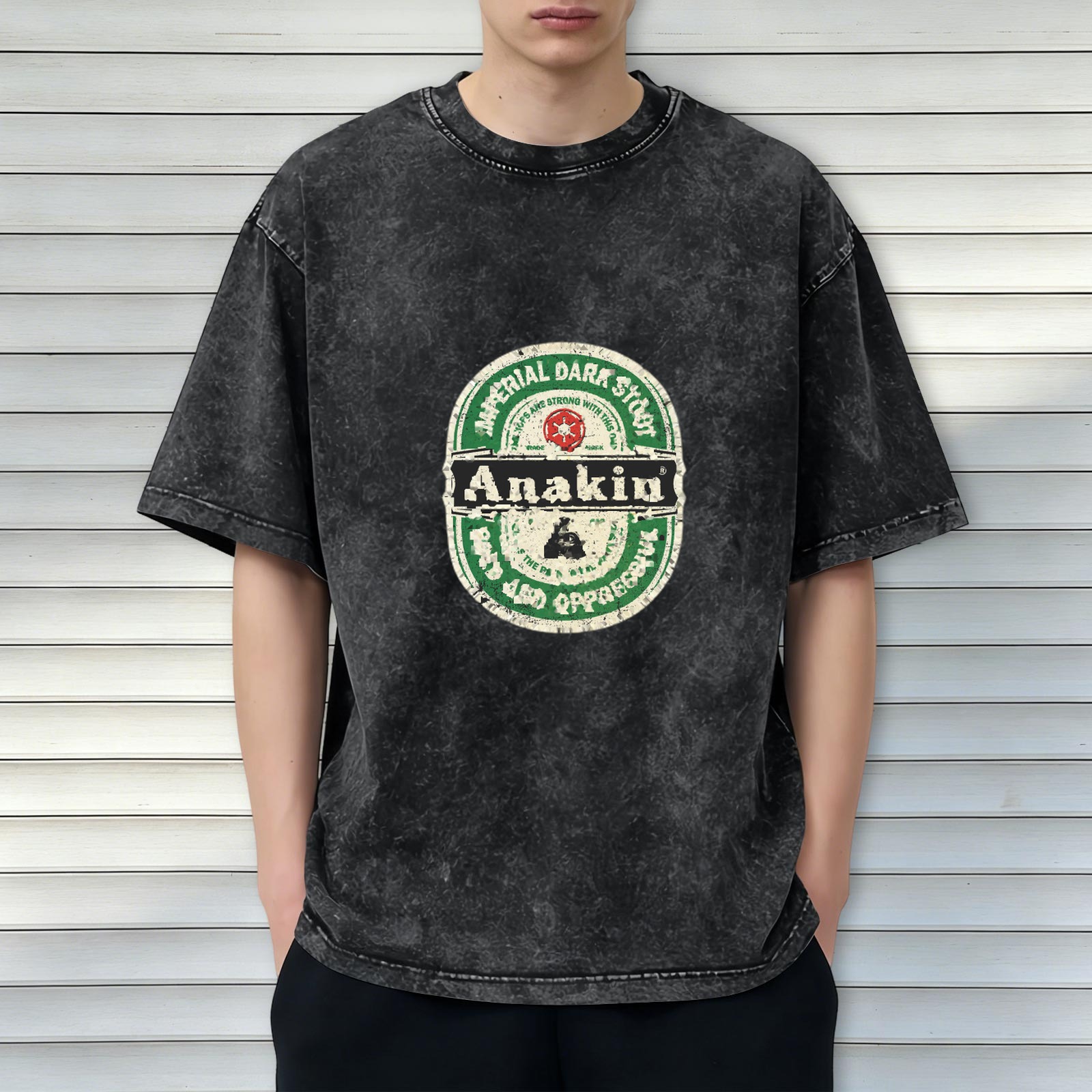 Distressed washed black Anakin themed printed short-sleeved T-shirt