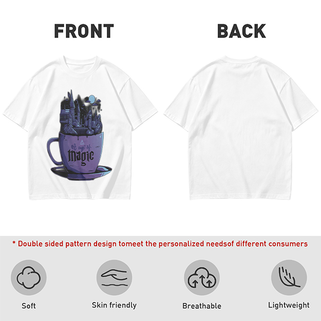Olive T-Shirt With Teacup Holding Magical Castle Artwork