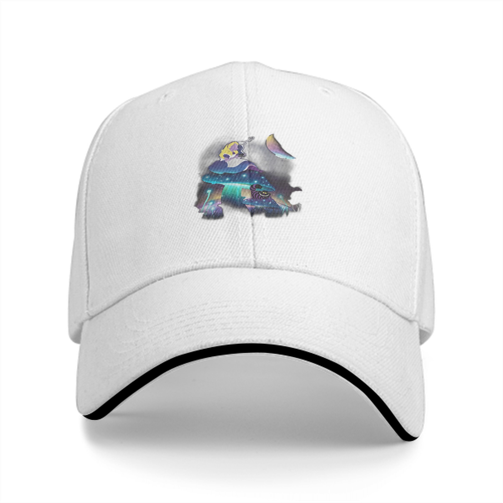 Black Baseball Cap With Mystical Mushroom Moon Artwork