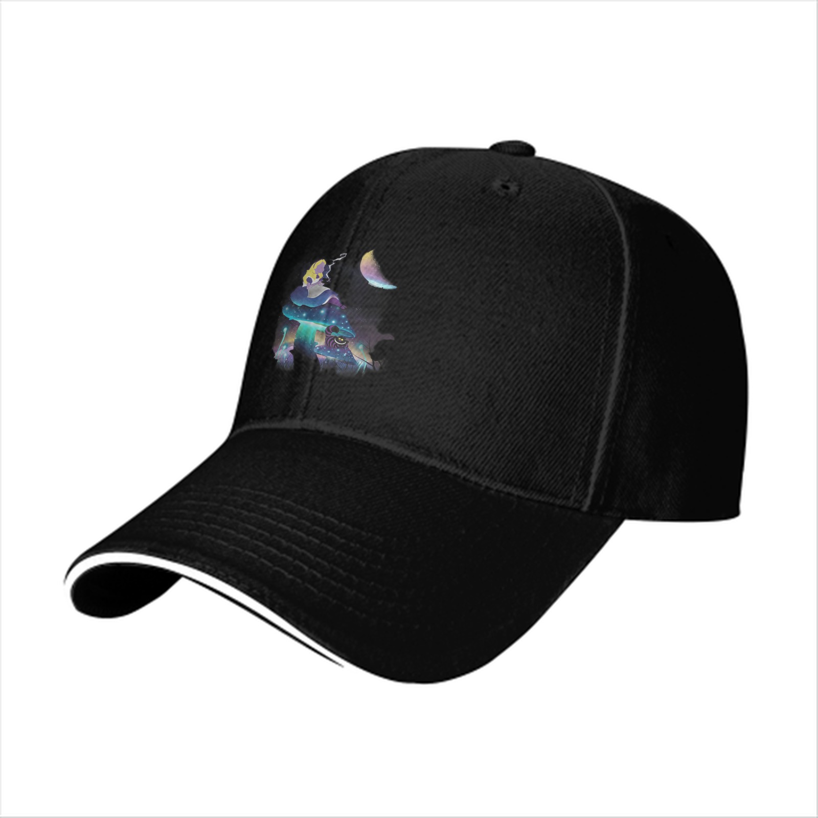 Black Baseball Cap With Mystical Mushroom Moon Artwork