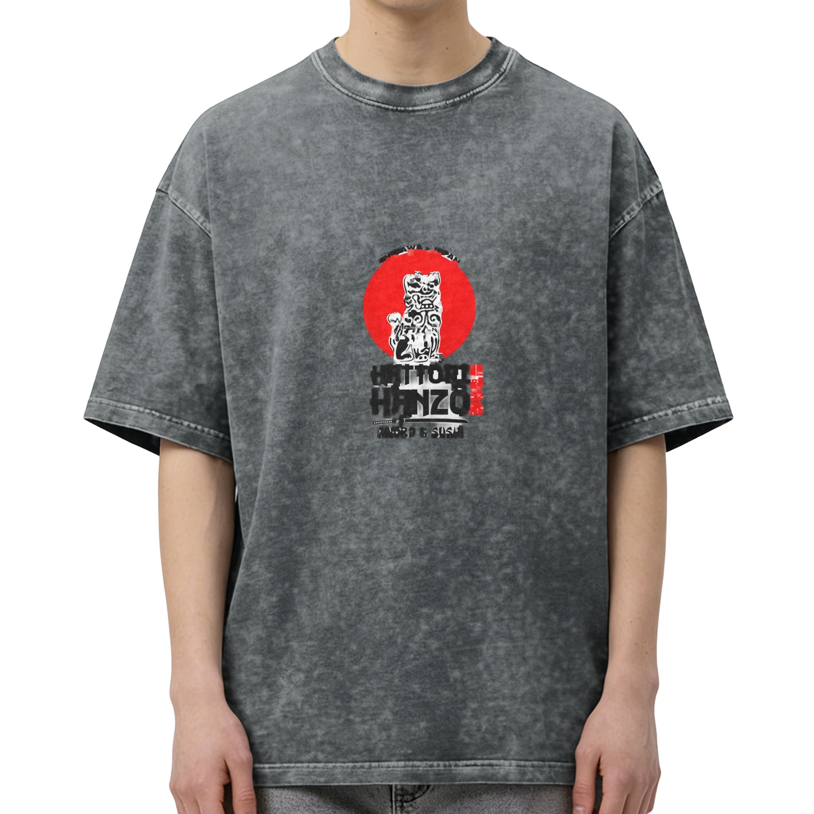 Washed black graphic t-shirt with guardian lion and red sun design