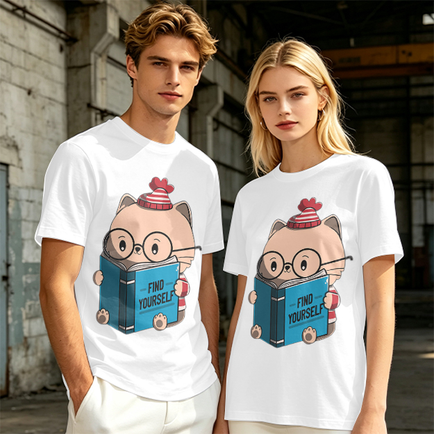 Olive T-shirt with Cute Reading Cat Graphic 'Find Yourself'