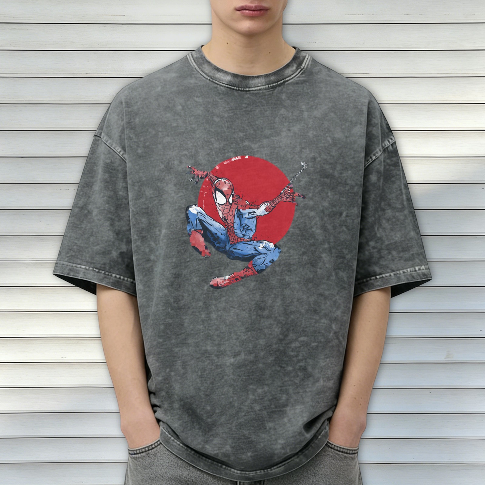 Washed Black Oversized T-Shirt with Spider-Man Red Circle Graphic