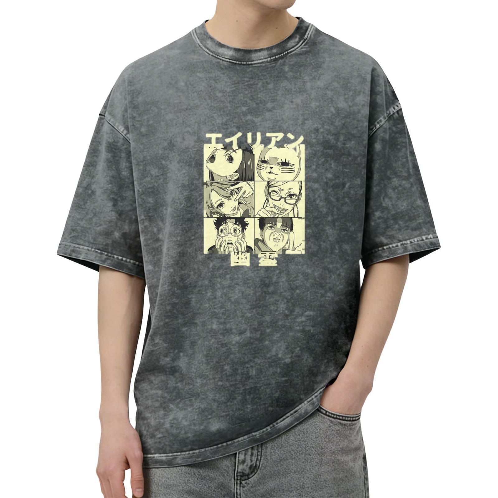 Anime Graphic Print Acid-Wash Oversized T-Shirt