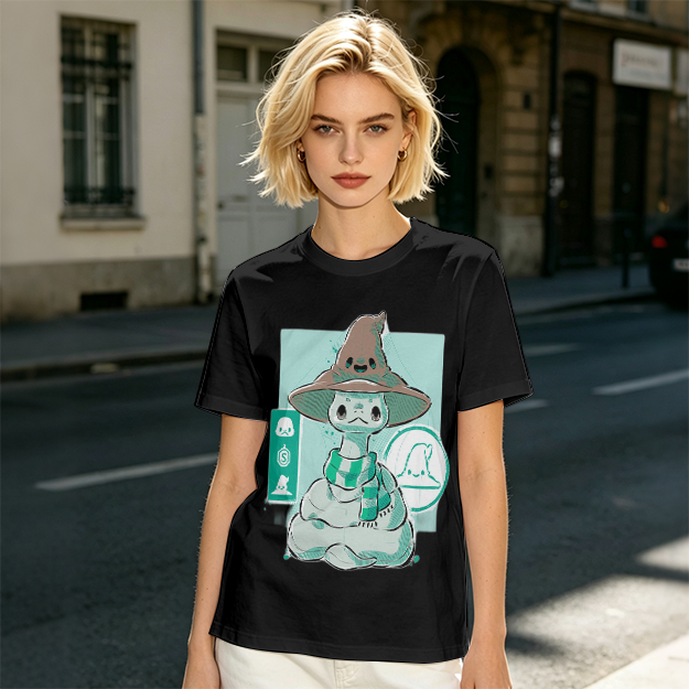 Olive T-Shirt With Cute Wizard Snake Graphic Design