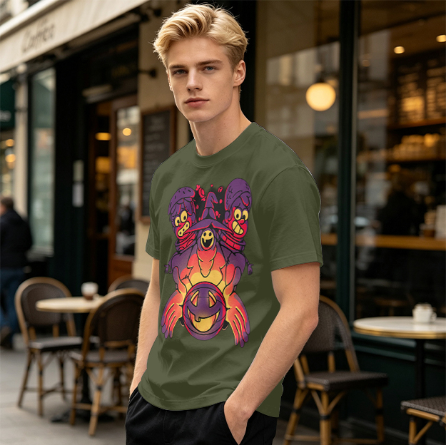 Olive T-Shirt With Halloween Three-Headed Witch And Jack-O'-Lantern Print