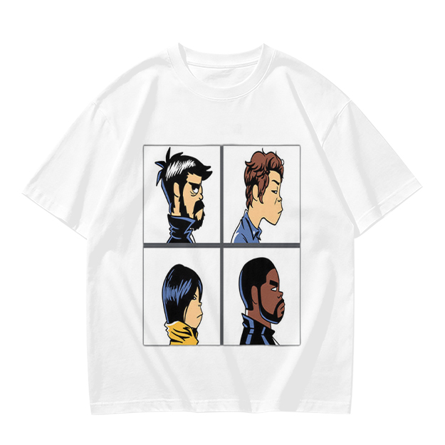 Olive T-Shirt With Four Cartoon Character Profile Portraits