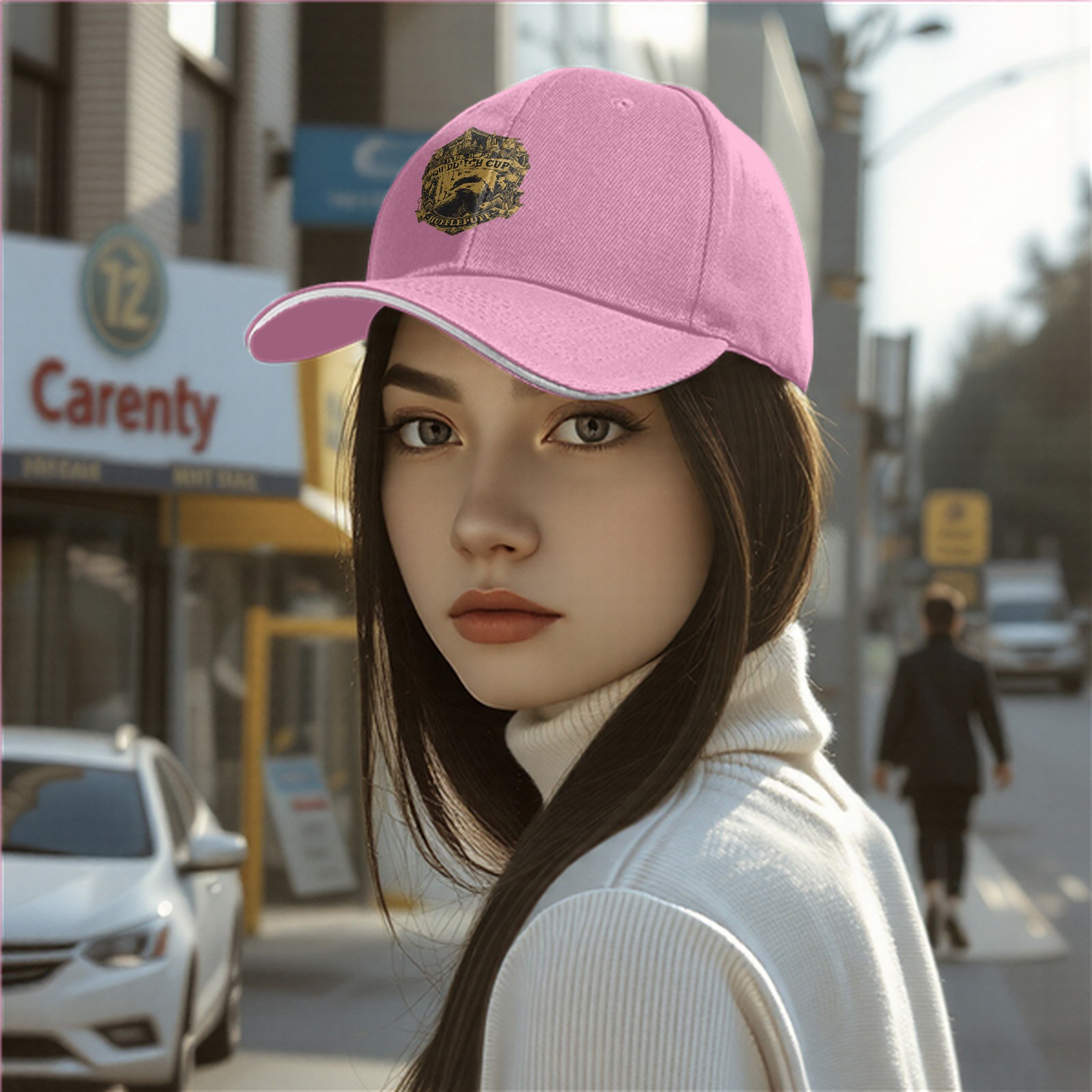 Black baseball cap with Hufflepuff Quidditch Cup crest design