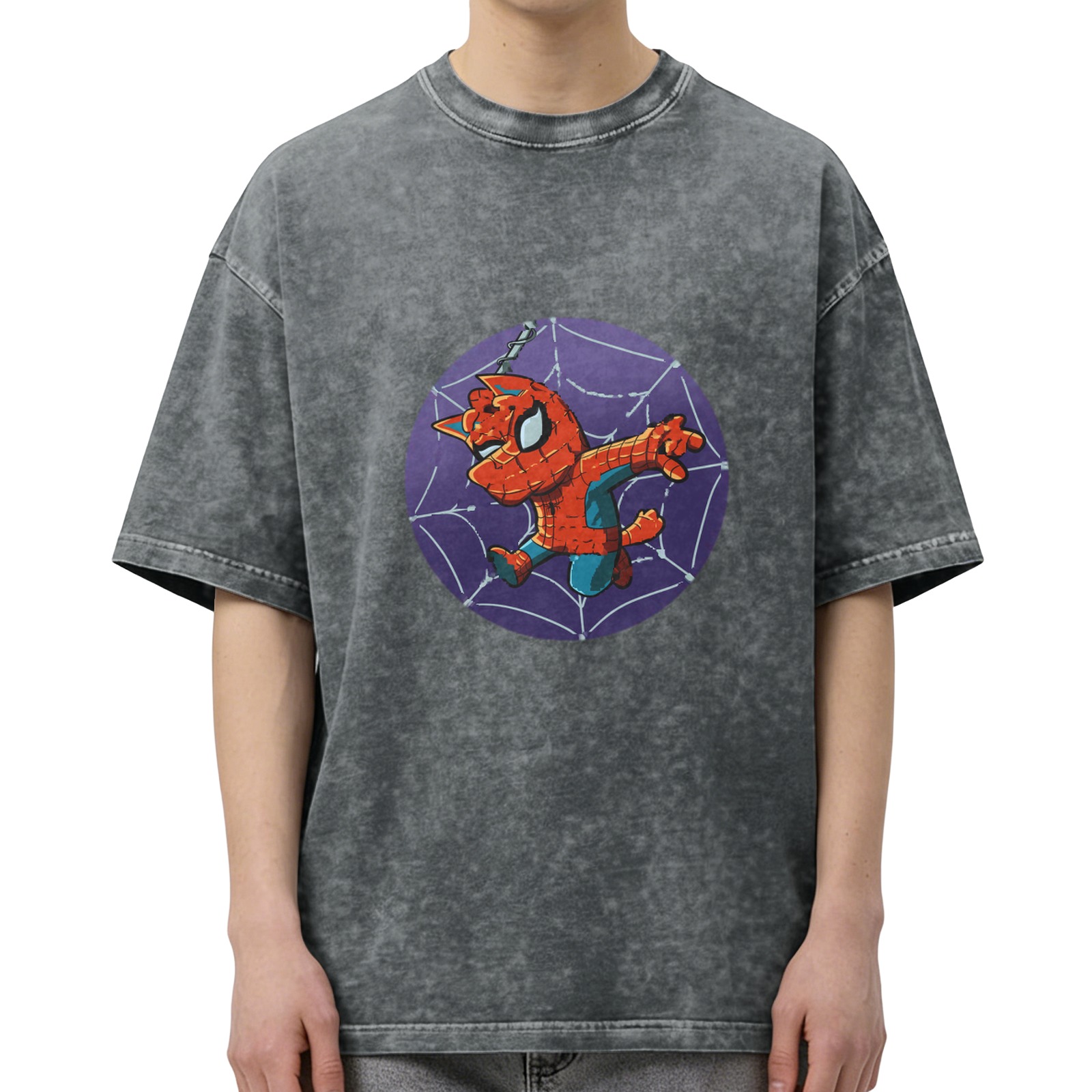 Oversized Dark Wash T-Shirt With Spider-Cat Web Print