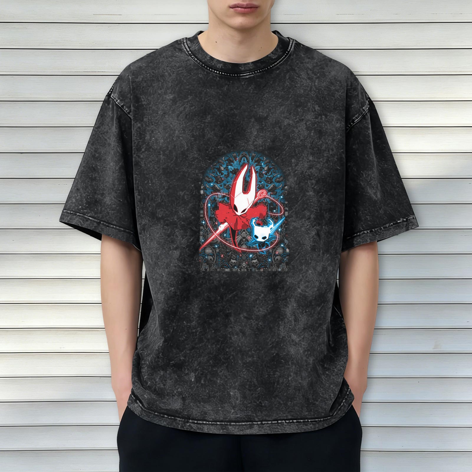 Hollow Knight Themed Dark Wash Graphic T-Shirt