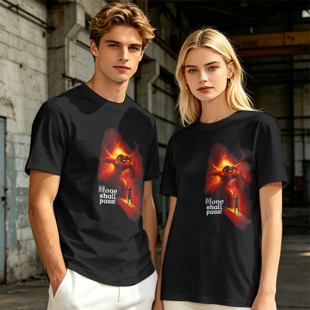 Olive T-Shirt with 'None Shall Pass' Fire Demon Graphic