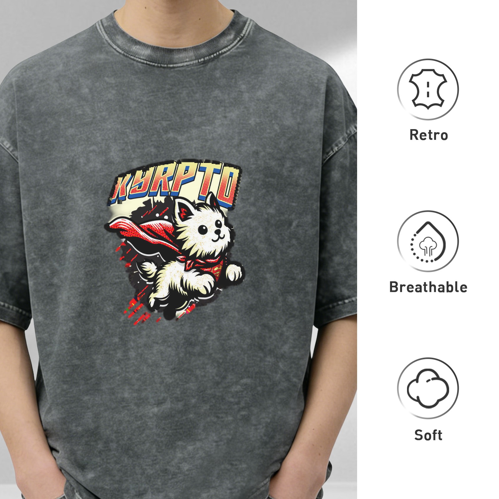 Washed Black Oversized T-Shirt with Superhero Flying Puppy Graphic