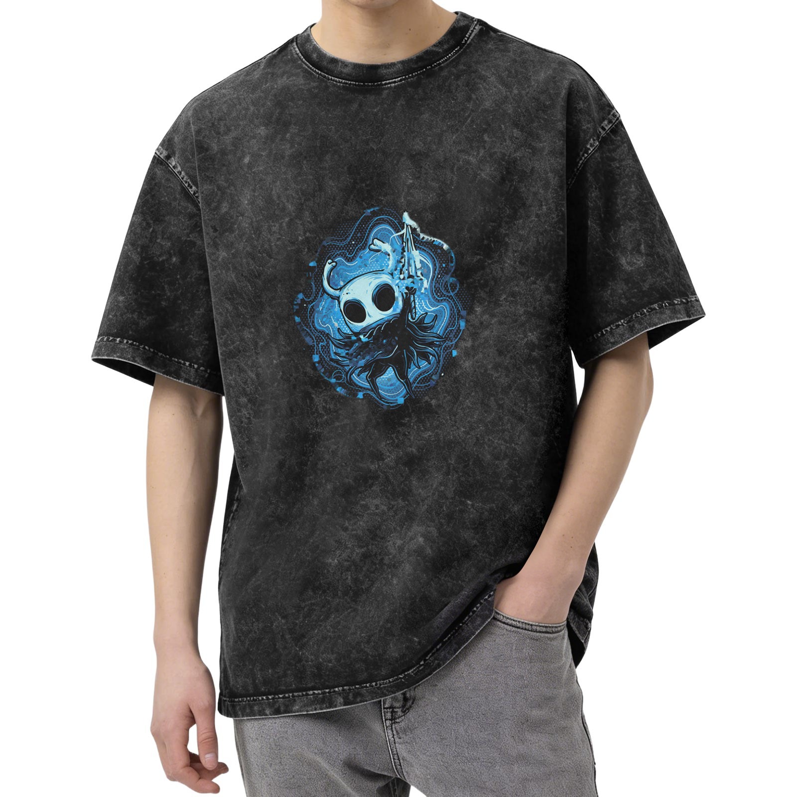 Oversized Dark Wash T-Shirt With Hollow Knight Blue Art Print
