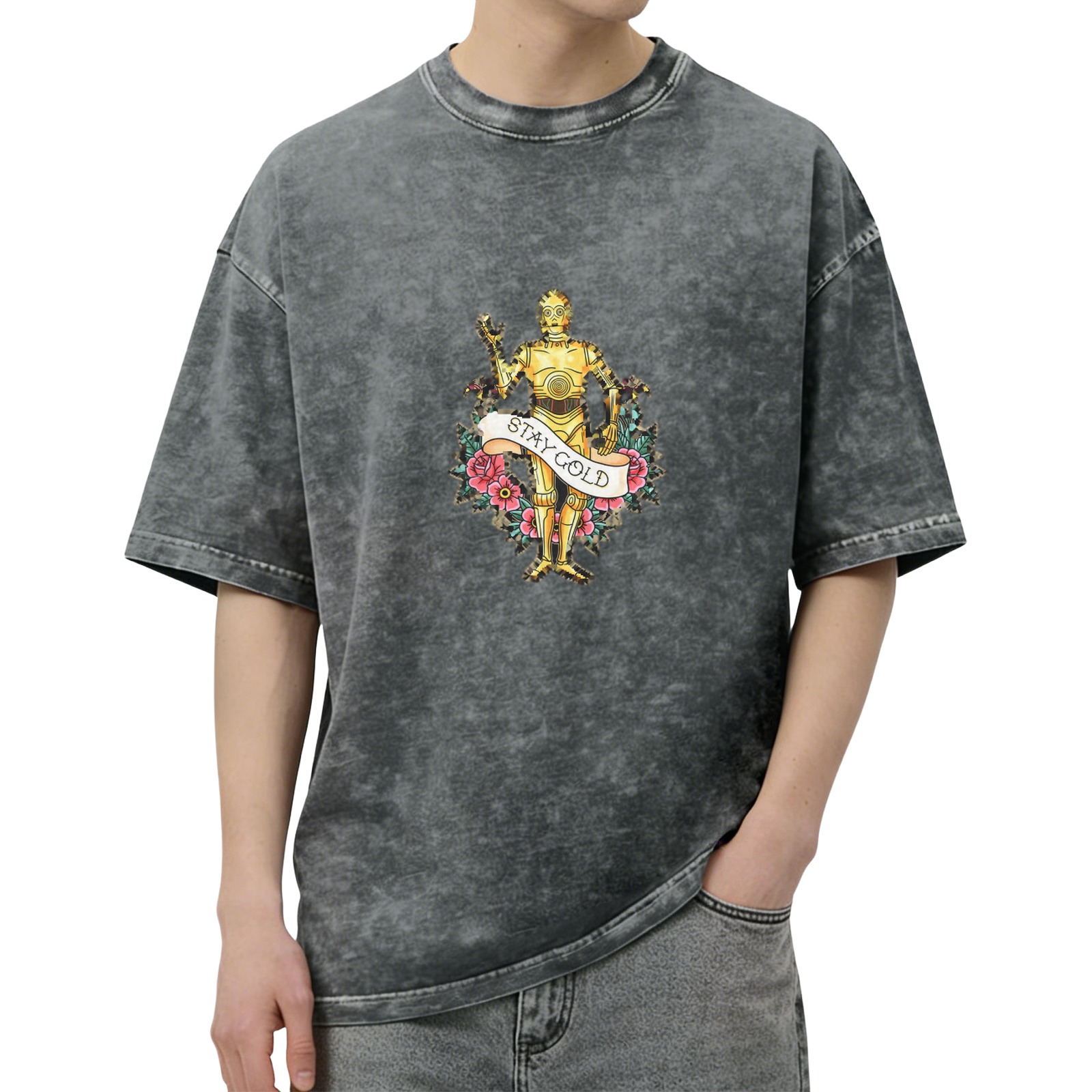 Washed Black T-Shirt with C-3PO Stay Gold Floral Print