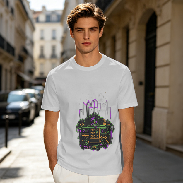 Olive T-Shirt With Neon City Bus Graphic Design