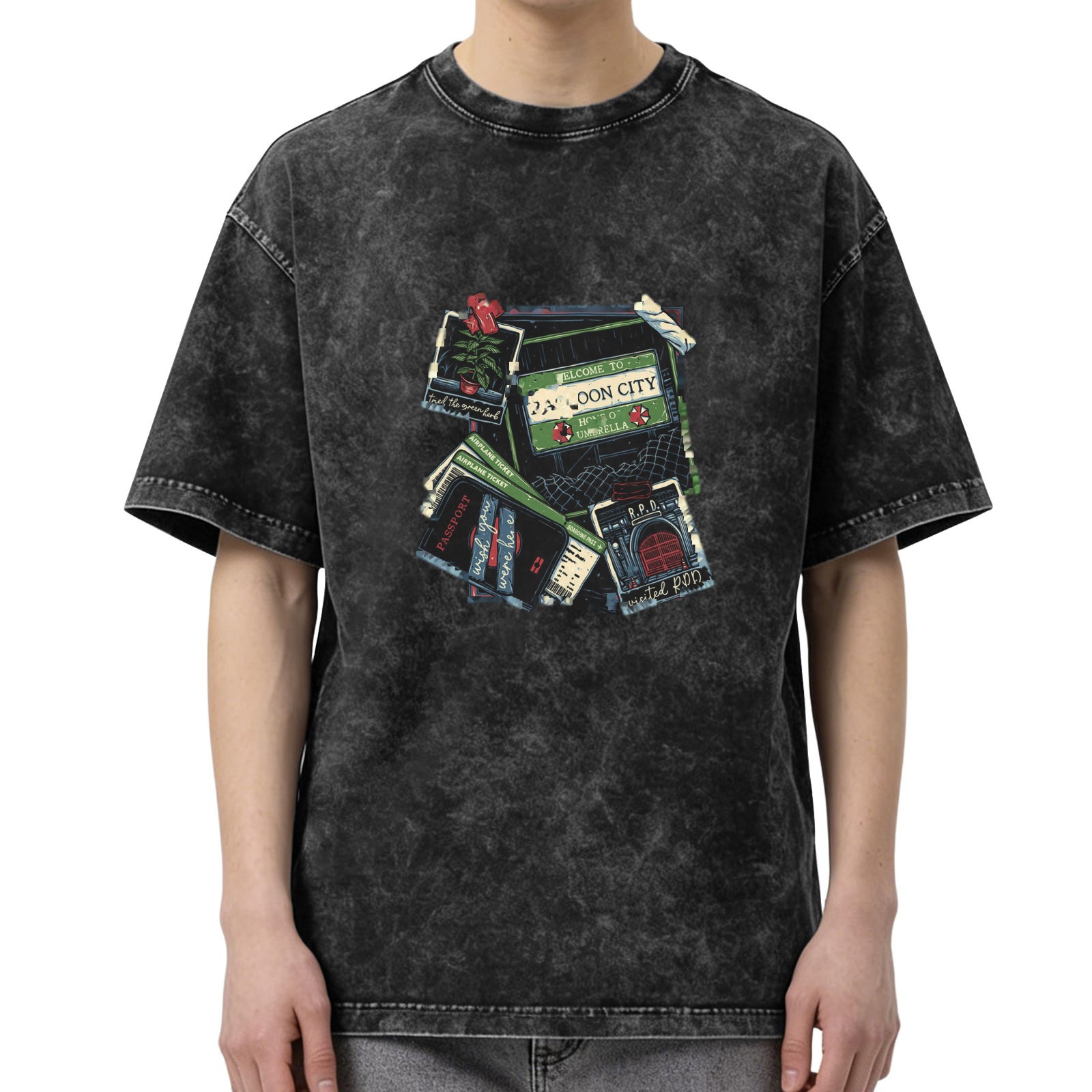 Oversized Acid Wash T-Shirt with Vintage Travel Collage Graphic