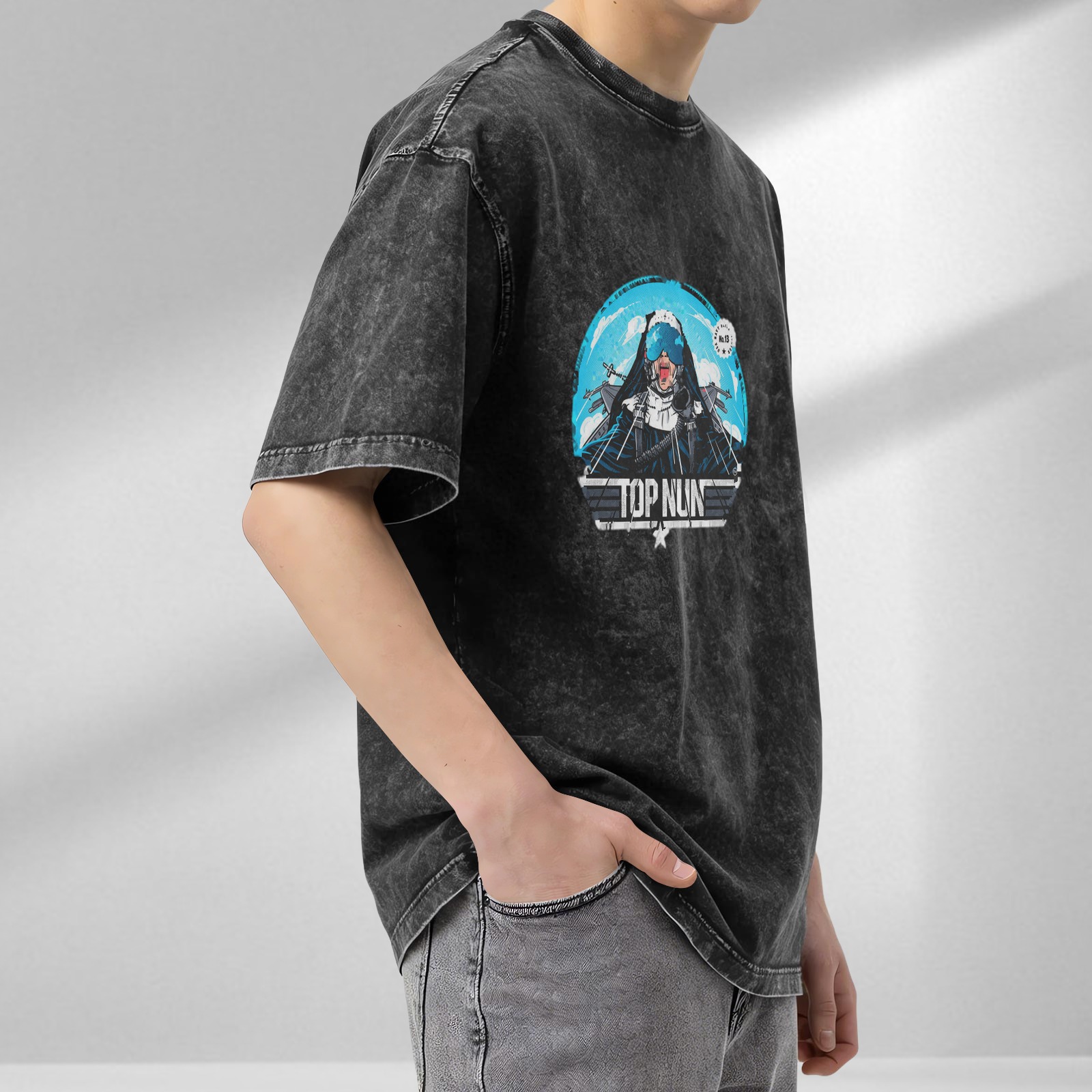 Oversized Dark Wash Graphic Tee With Top Nun Pilot Print