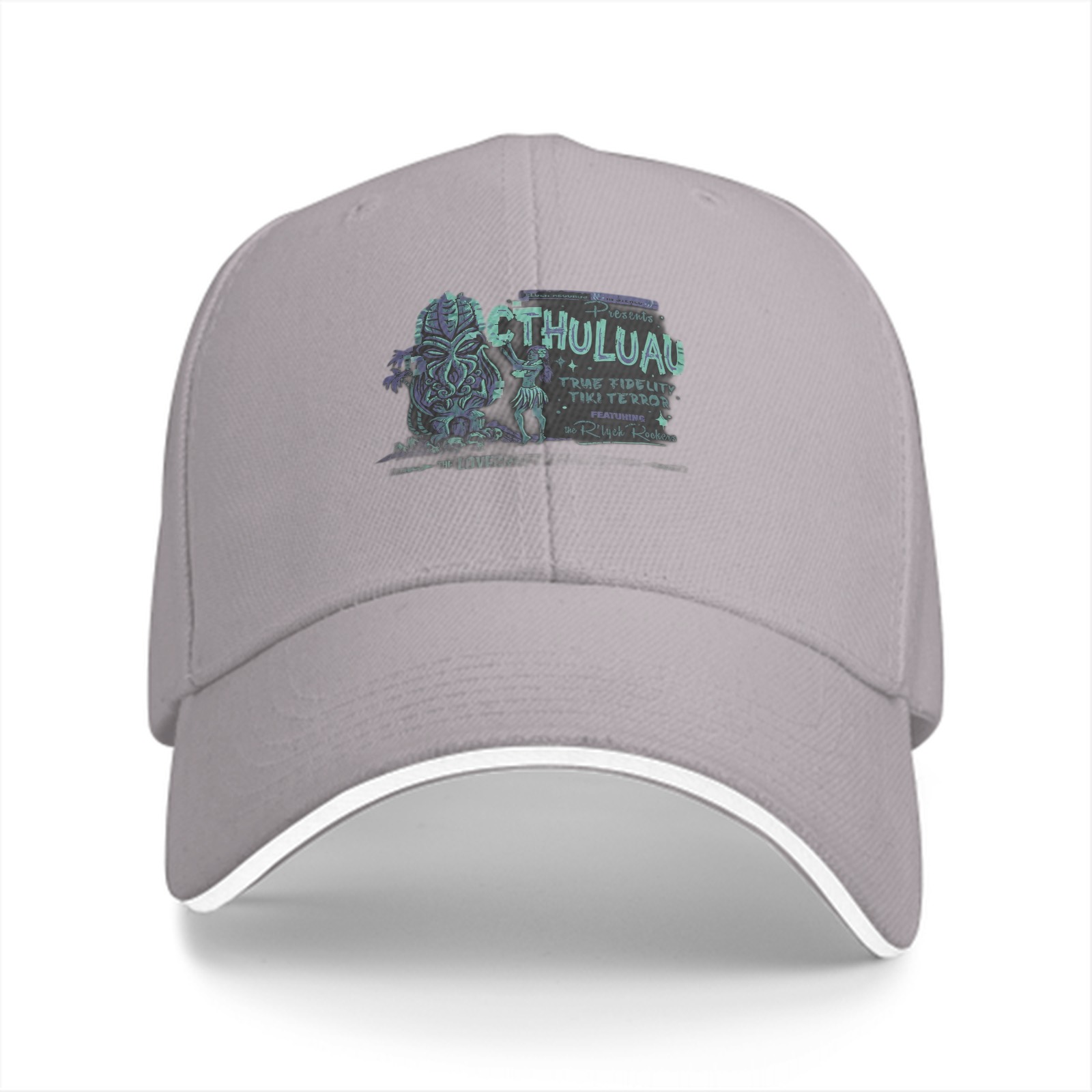 Black baseball cap with Cthuluau tiki monster graphic print