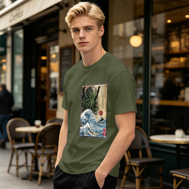 Olive T-shirt with Cthulhu Great Wave Japanese Art Print