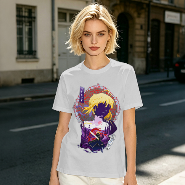Olive green anime graphic t-shirt with Saber character print