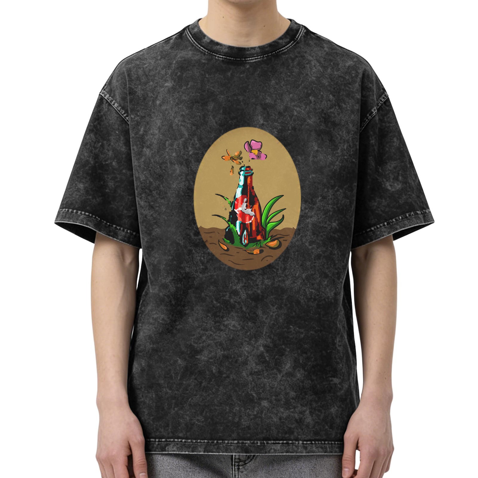Oversized dark washed t-shirt with bottle and flower graphic print