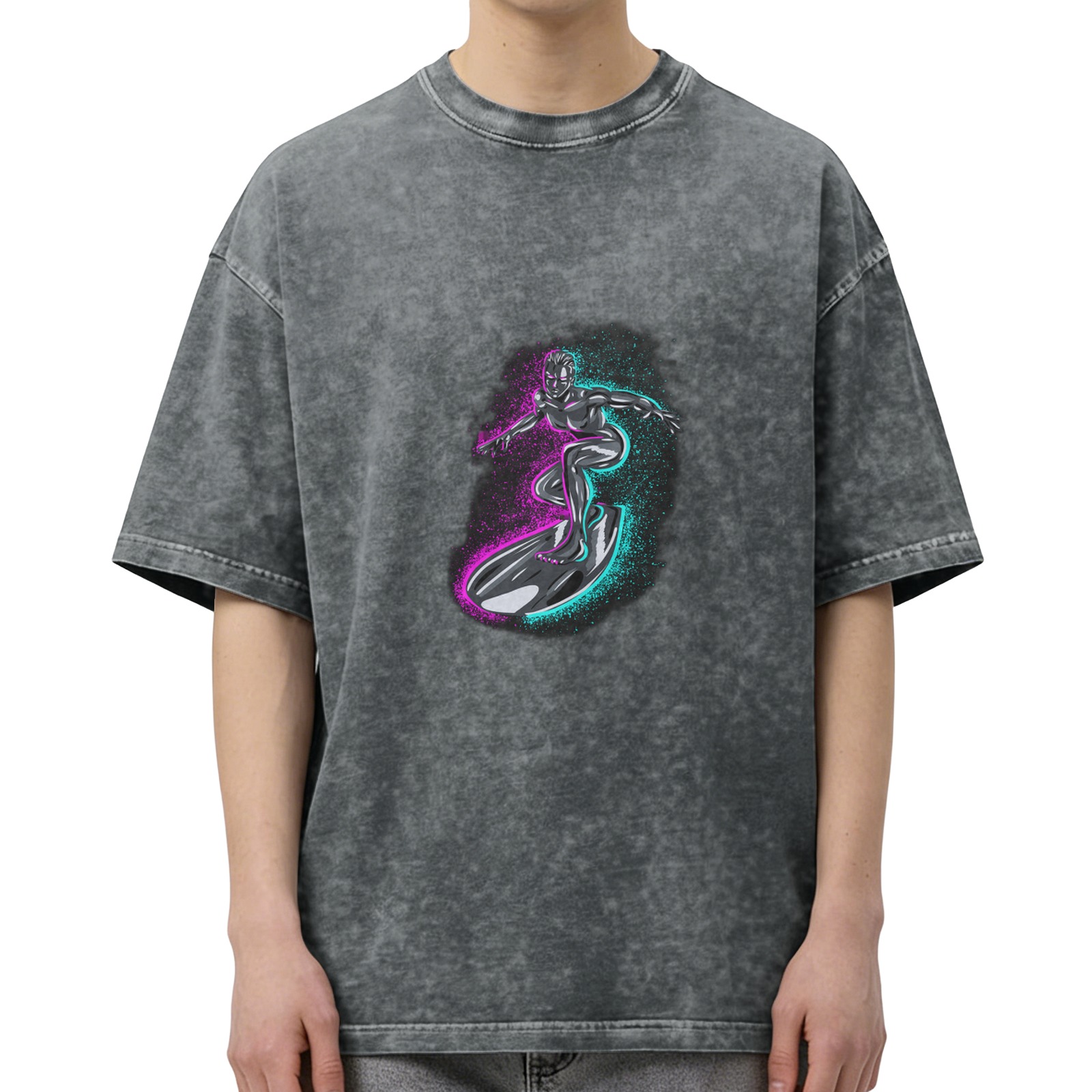 Oversized Acid Wash T-Shirt With Neon Surfer Graphic