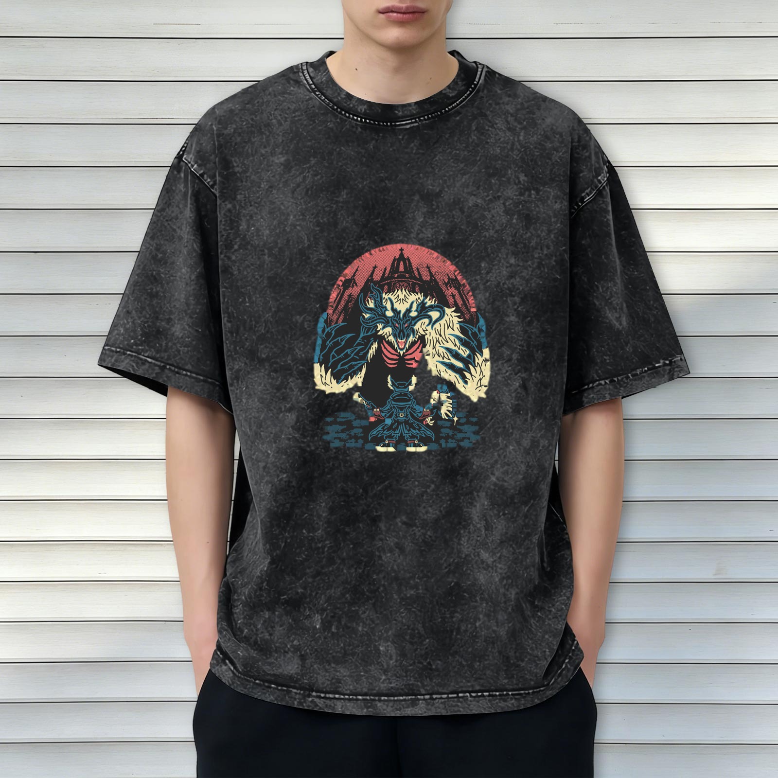 Washed Black Graphic T-Shirt With Fantasy Monster Castle Print