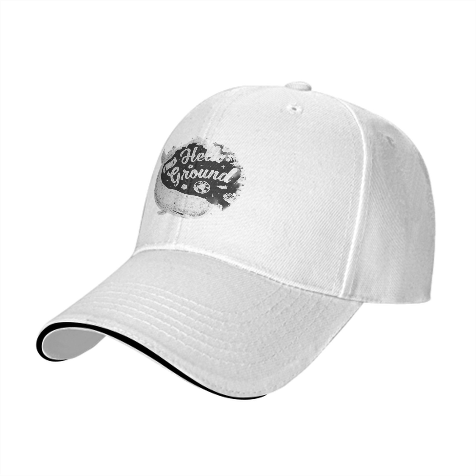 Black baseball cap with Hello Ground whale graphic print
