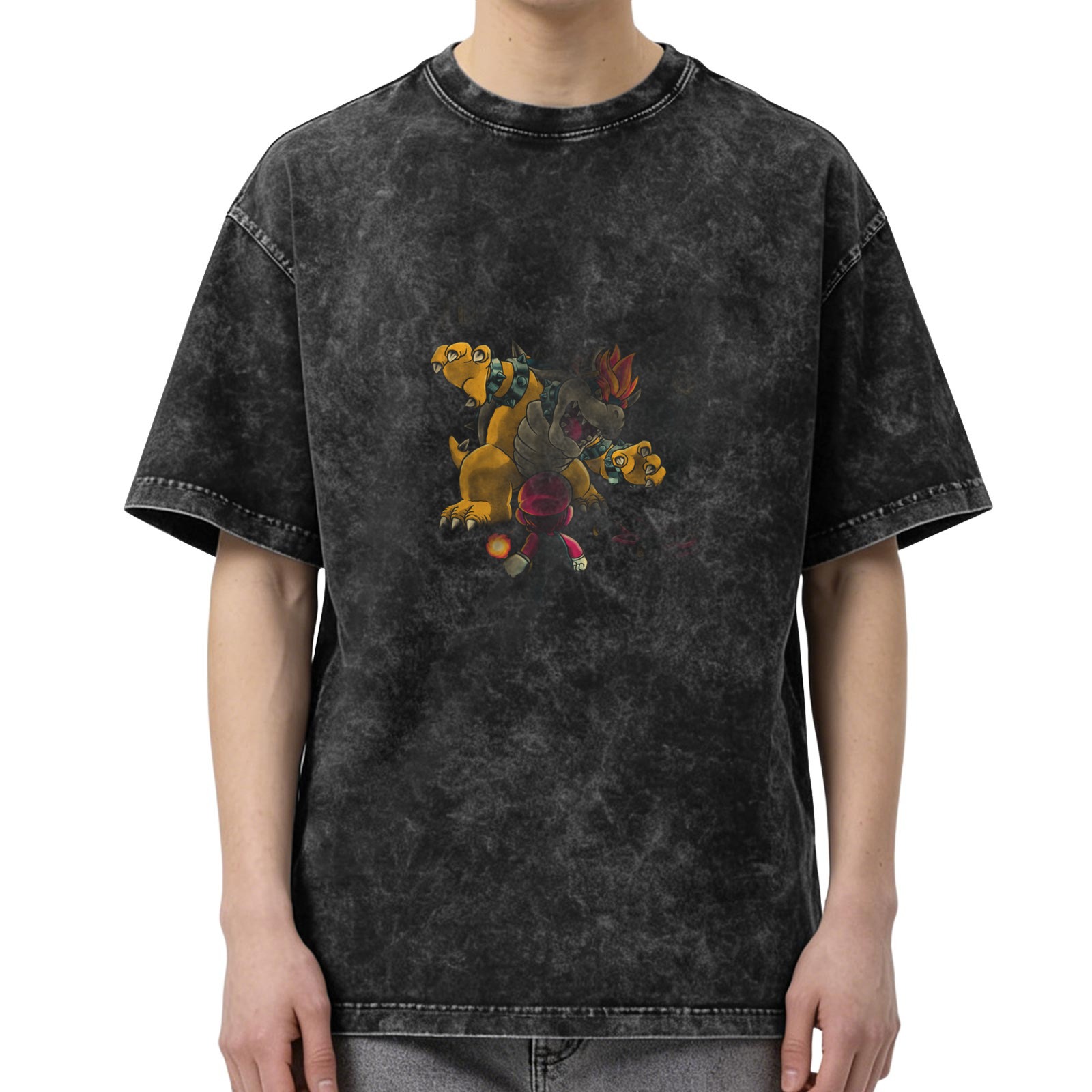 oversized acid wash t-shirt with three-headed monster graphic print