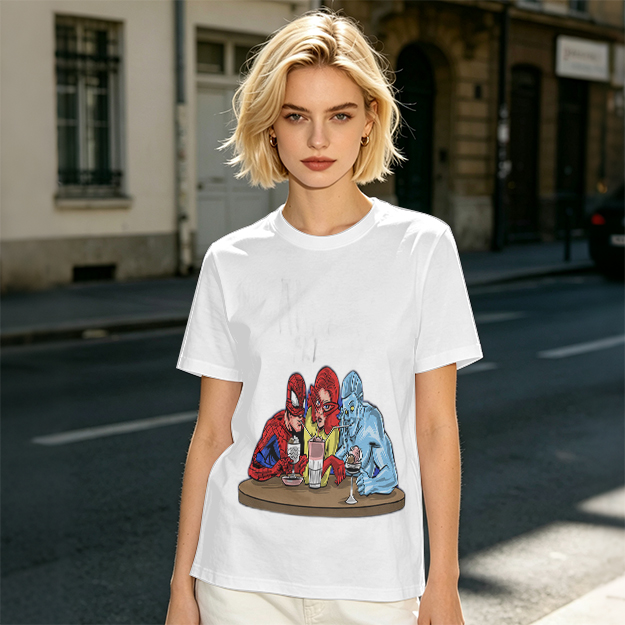Olive T-Shirt With Superhero Characters Sharing Drinks Print