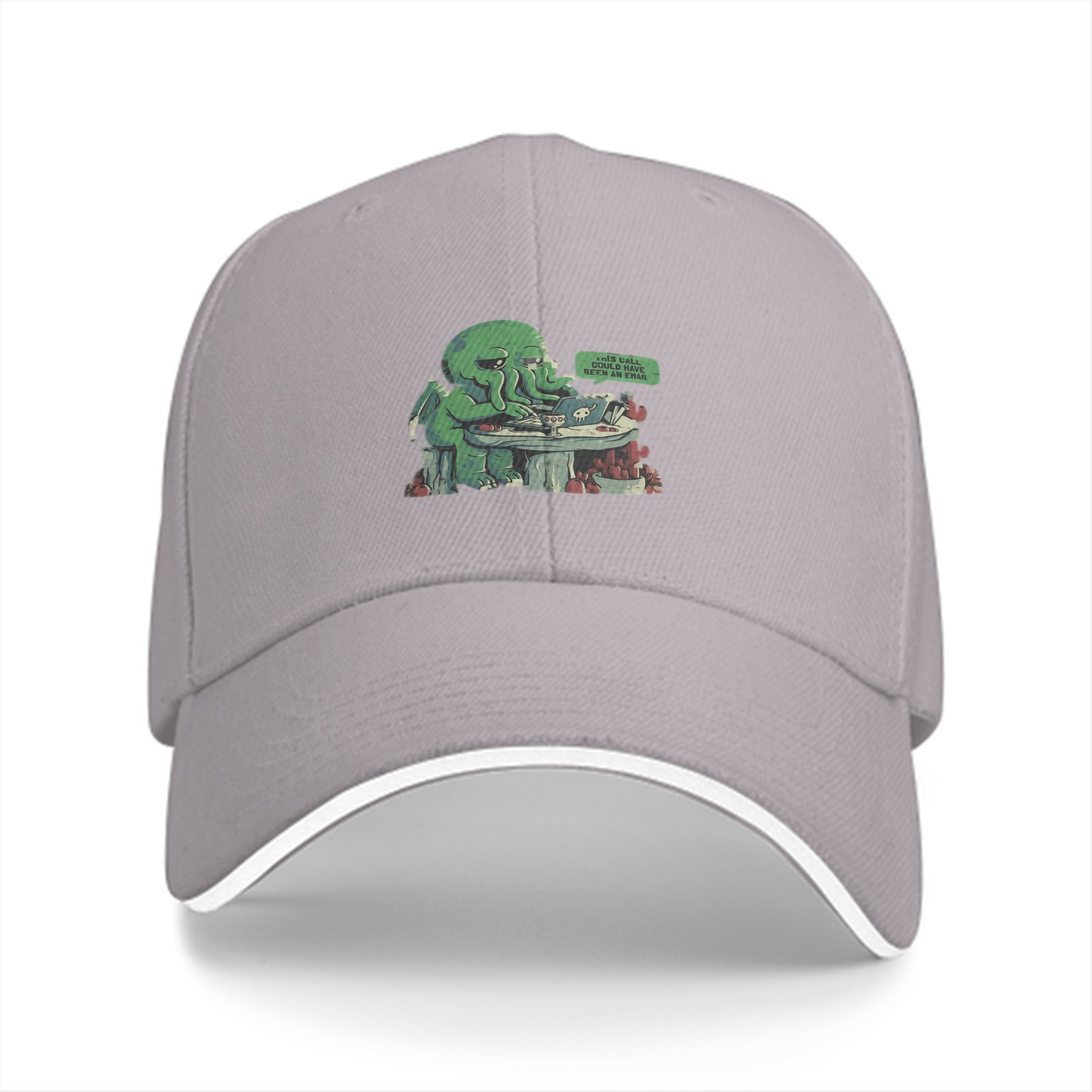 Black baseball cap with cute Cthulhu using laptop graphic