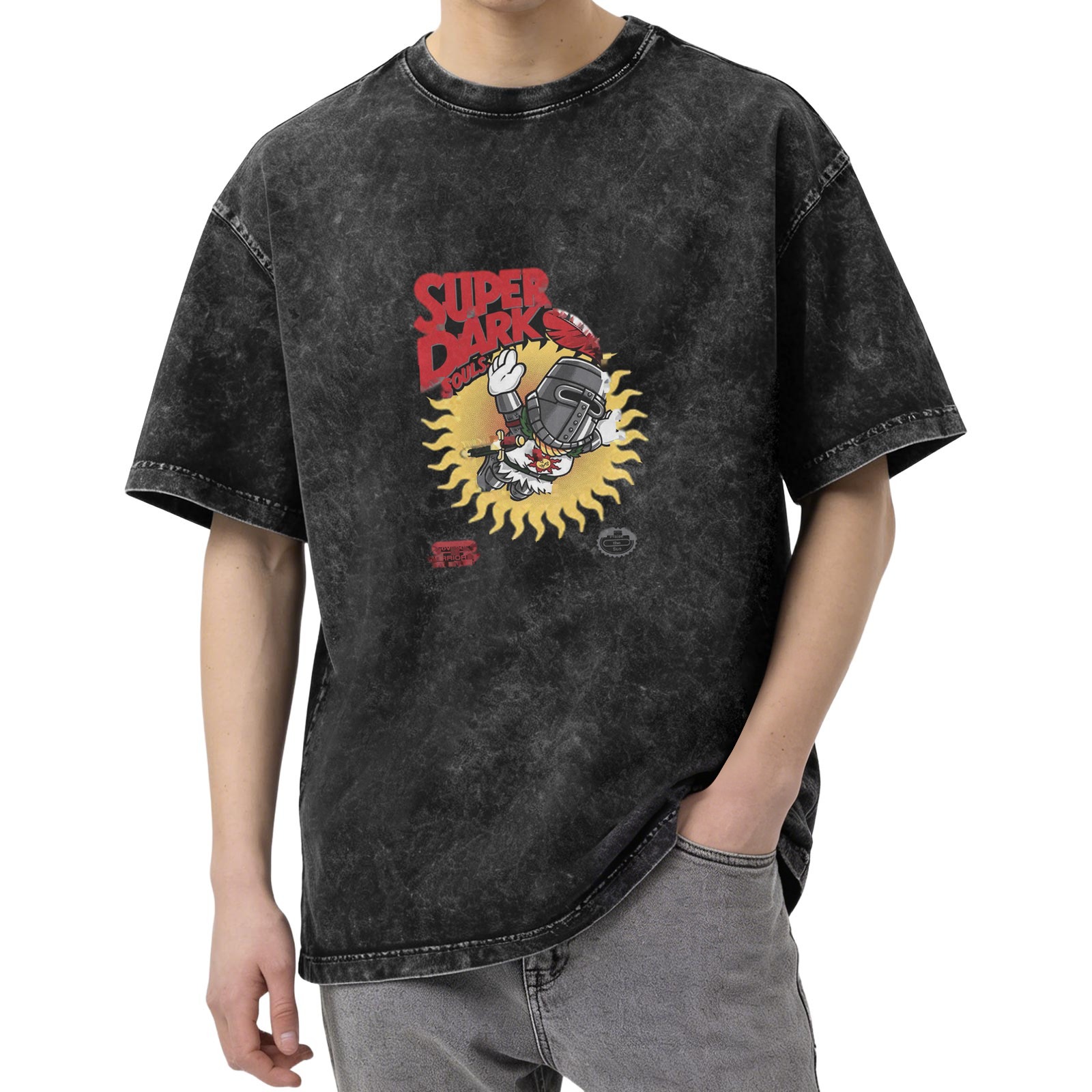 Distressed washed black loose short-sleeved T-shirt Game themed print Dark Souls Sun Knight design