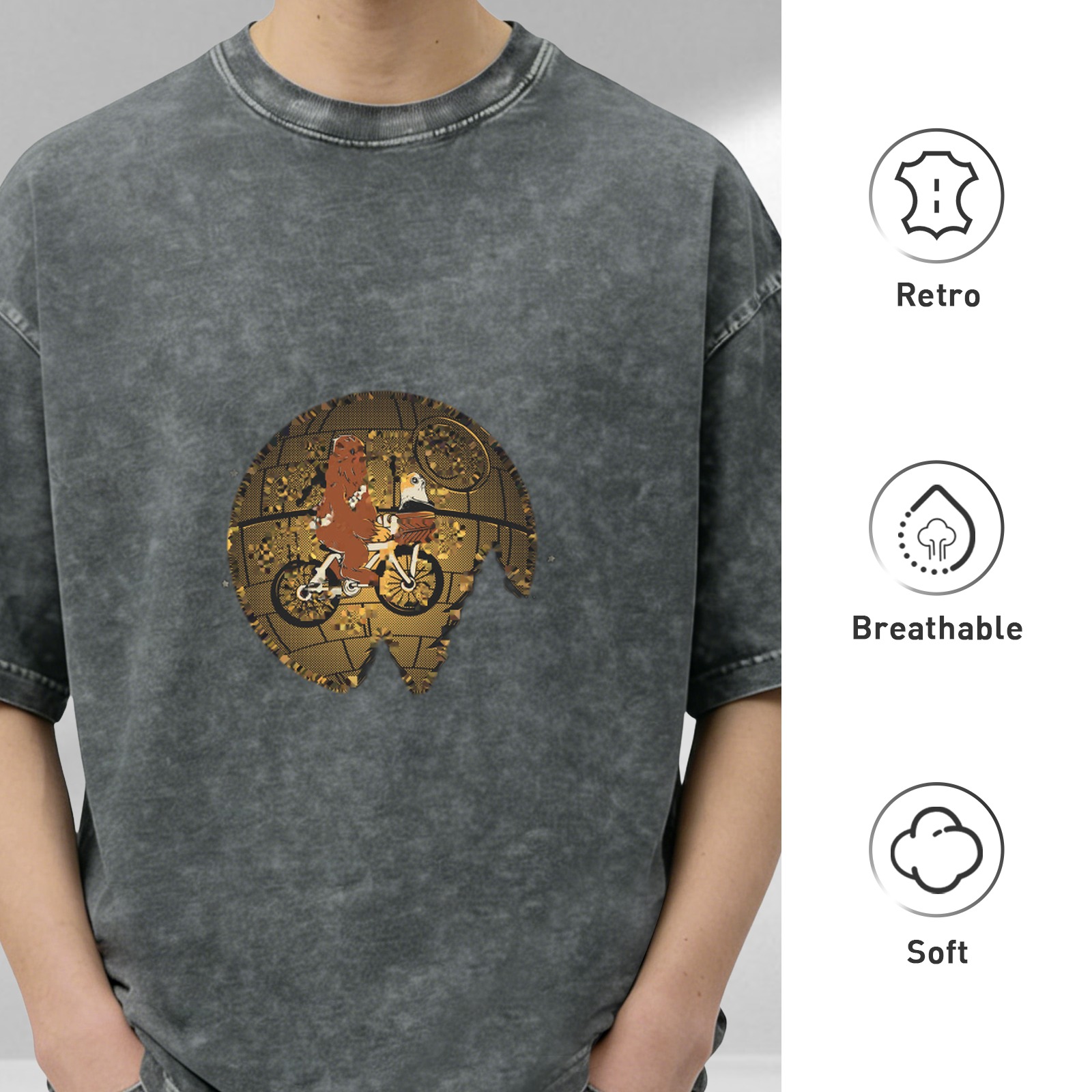 Washed black graphic t-shirt with alien on bike over gold globe design