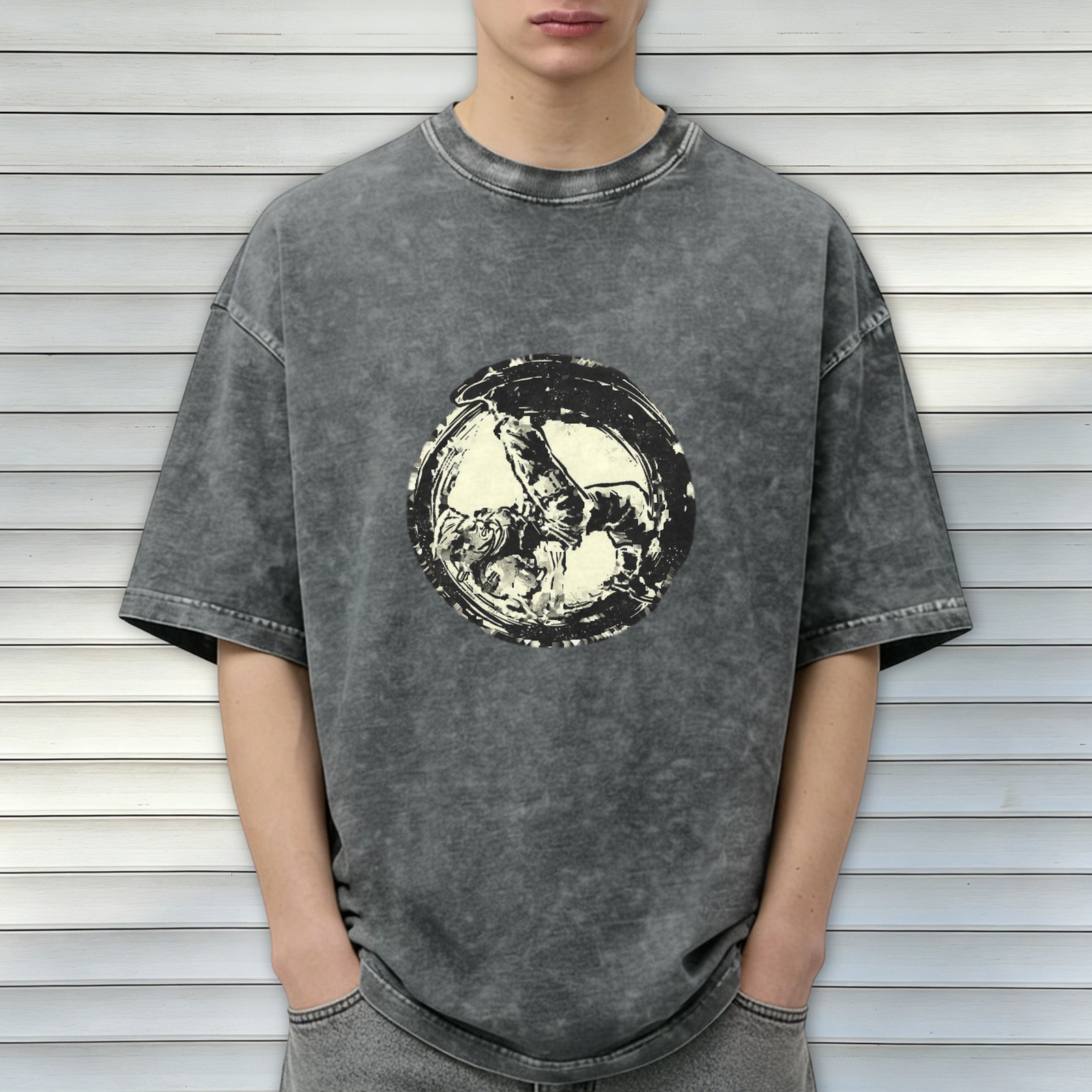 Washed Black Graphic T-Shirt With Circular Art Print