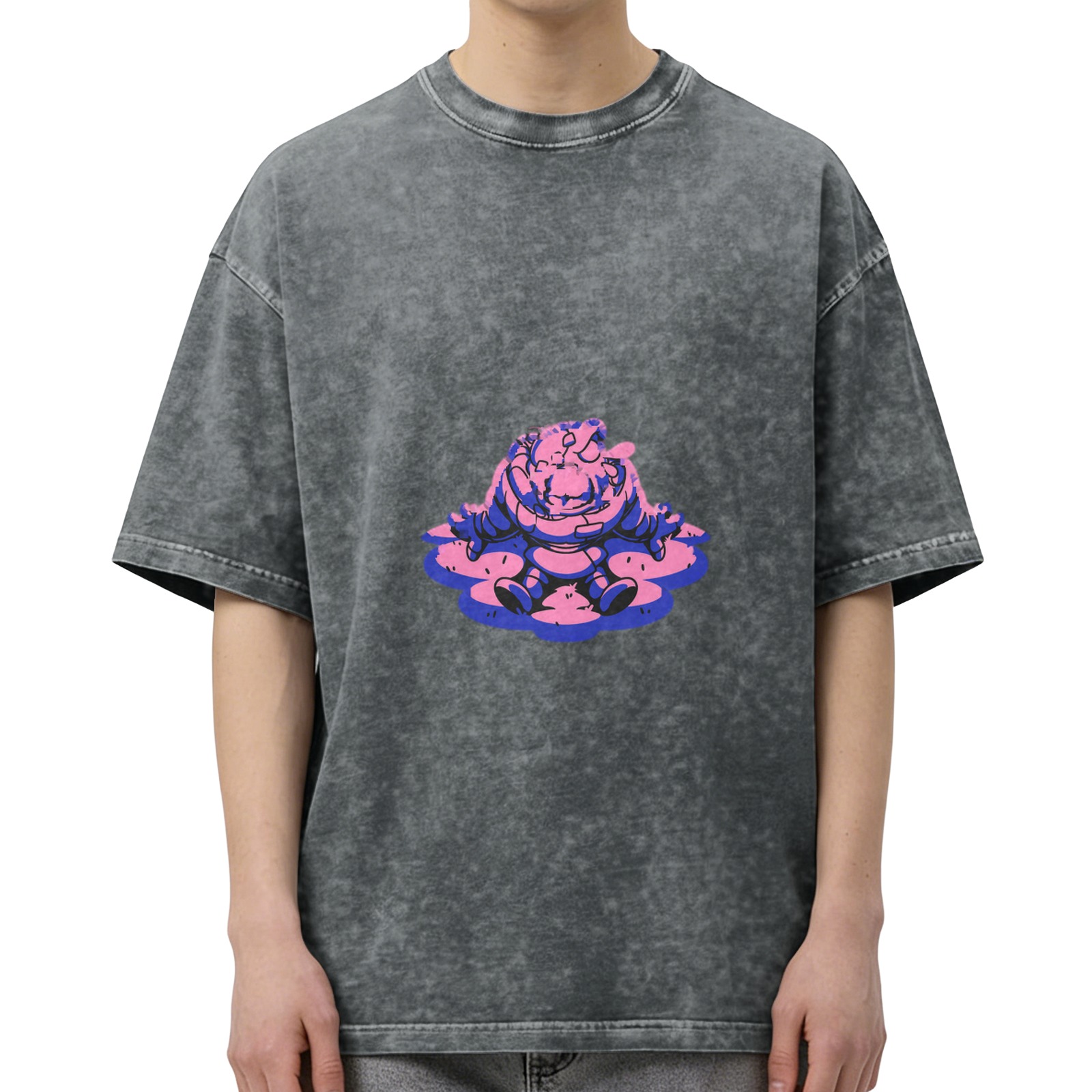 Oversized Acid Wash T-Shirt With Meditating Cartoon Character Print