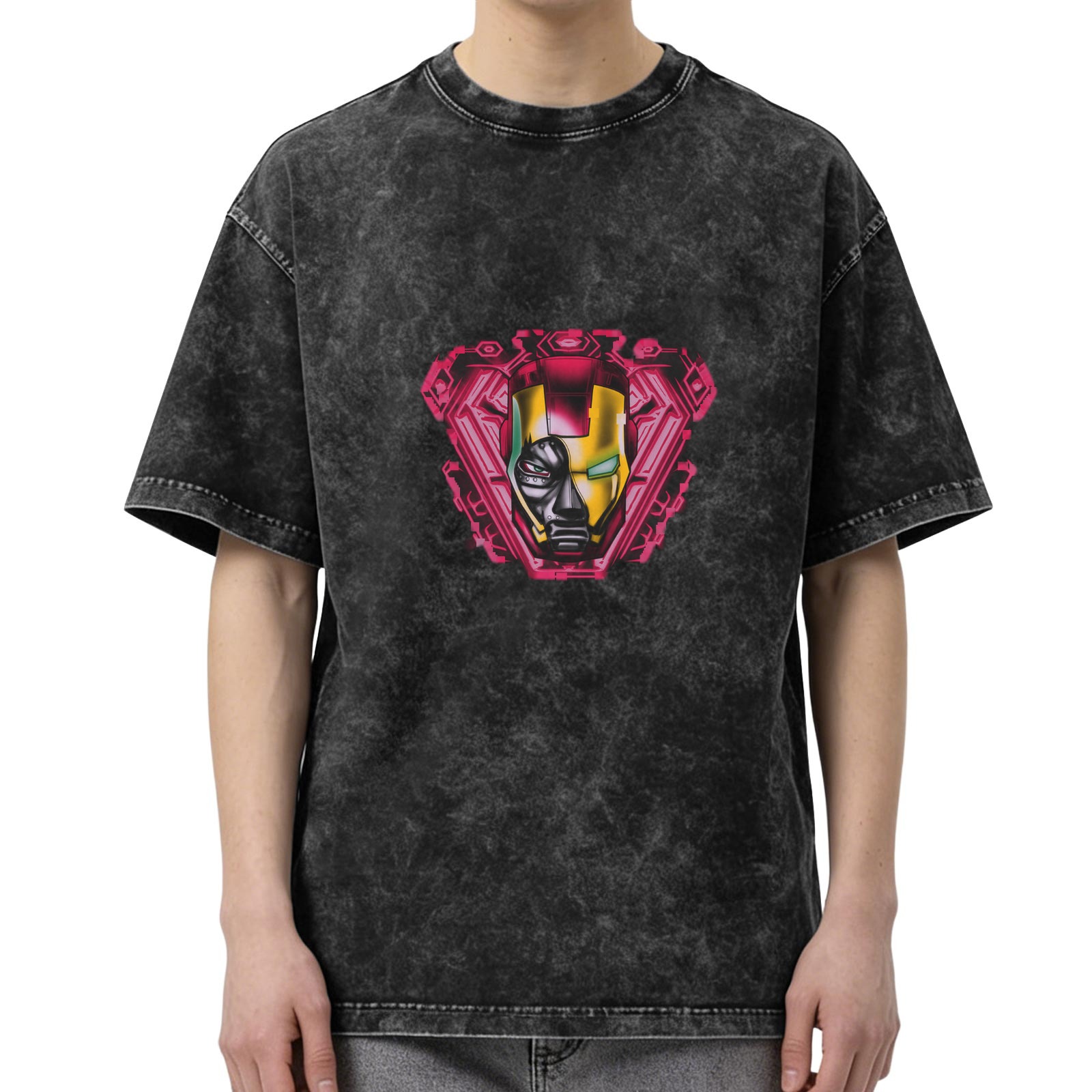 Oversized Acid Wash T-Shirt With Iron Man Graphic