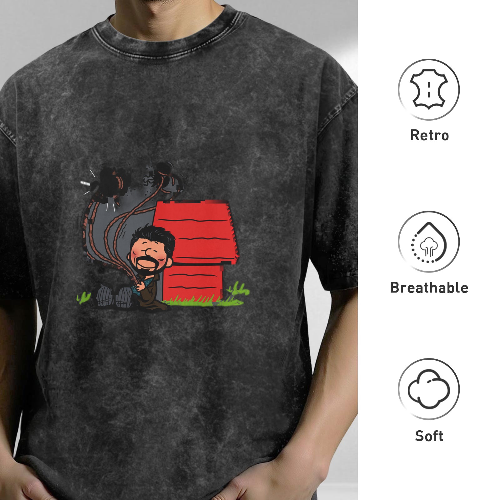 Washed Black T-Shirt With Parody Cartoon Doghouse Graphic