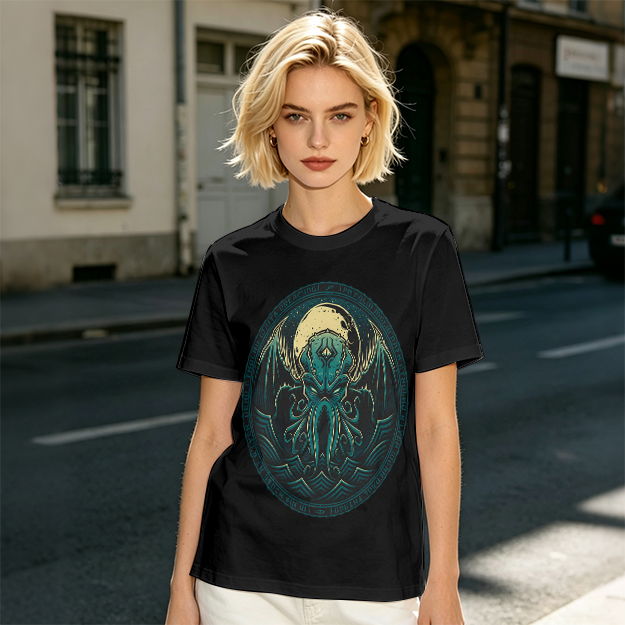 Olive Green T-Shirt with Cthulhu Monster Graphic Print