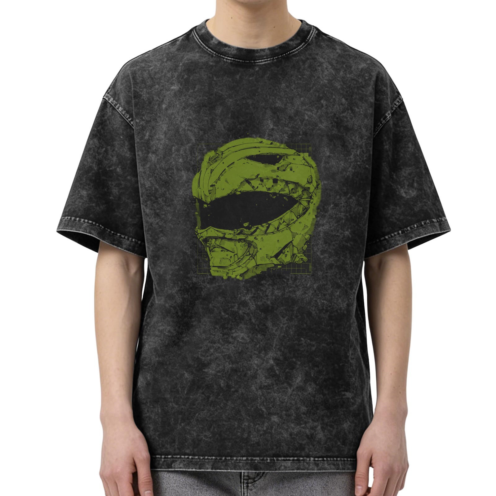 Washed black oversized t-shirt with green damaged helmet graphic
