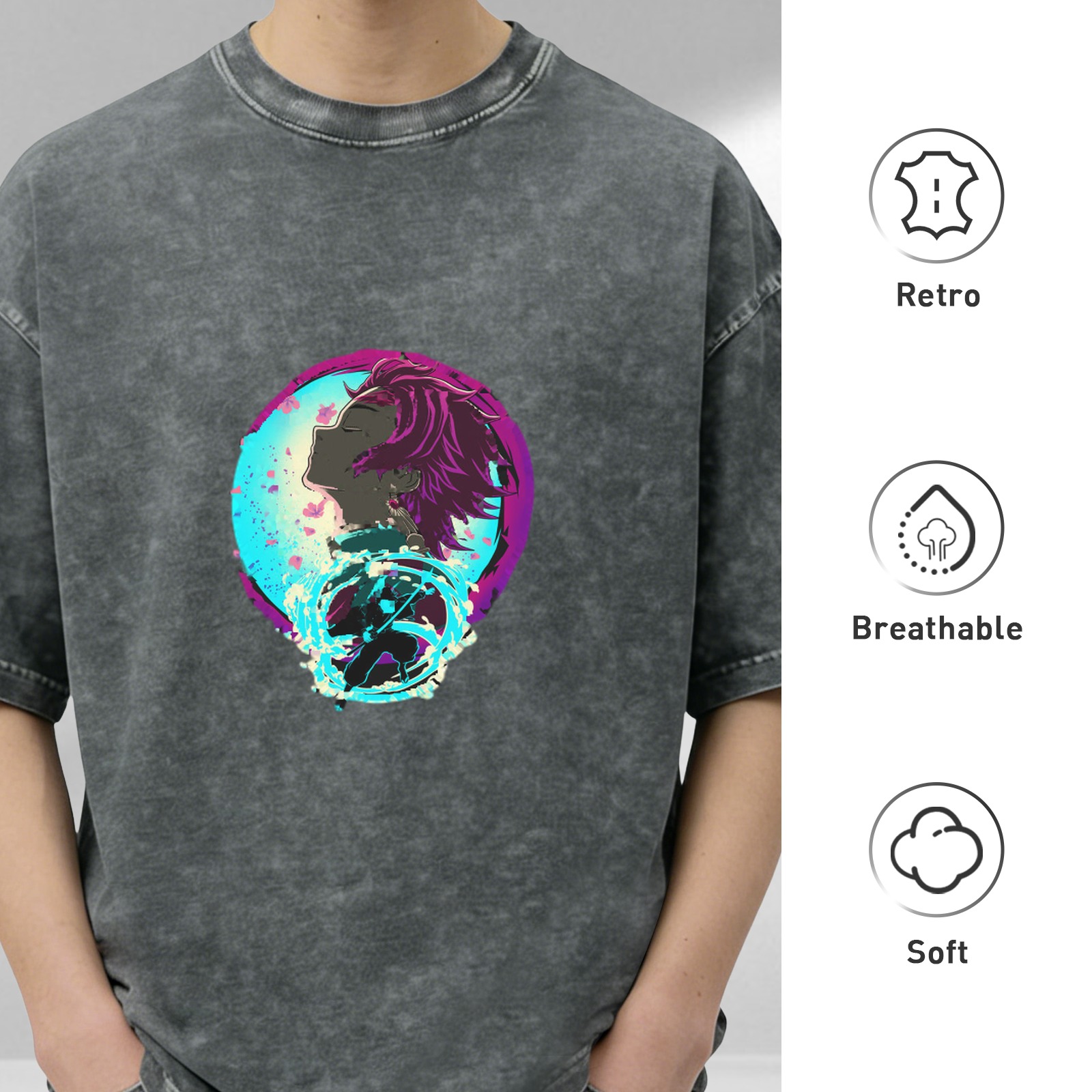 Oversized Washed Anime Demon Slayer Graphic T-Shirt