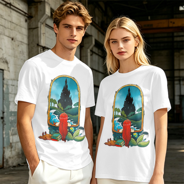 Olive T-Shirt With Mermaid Looking At Castle Art Print