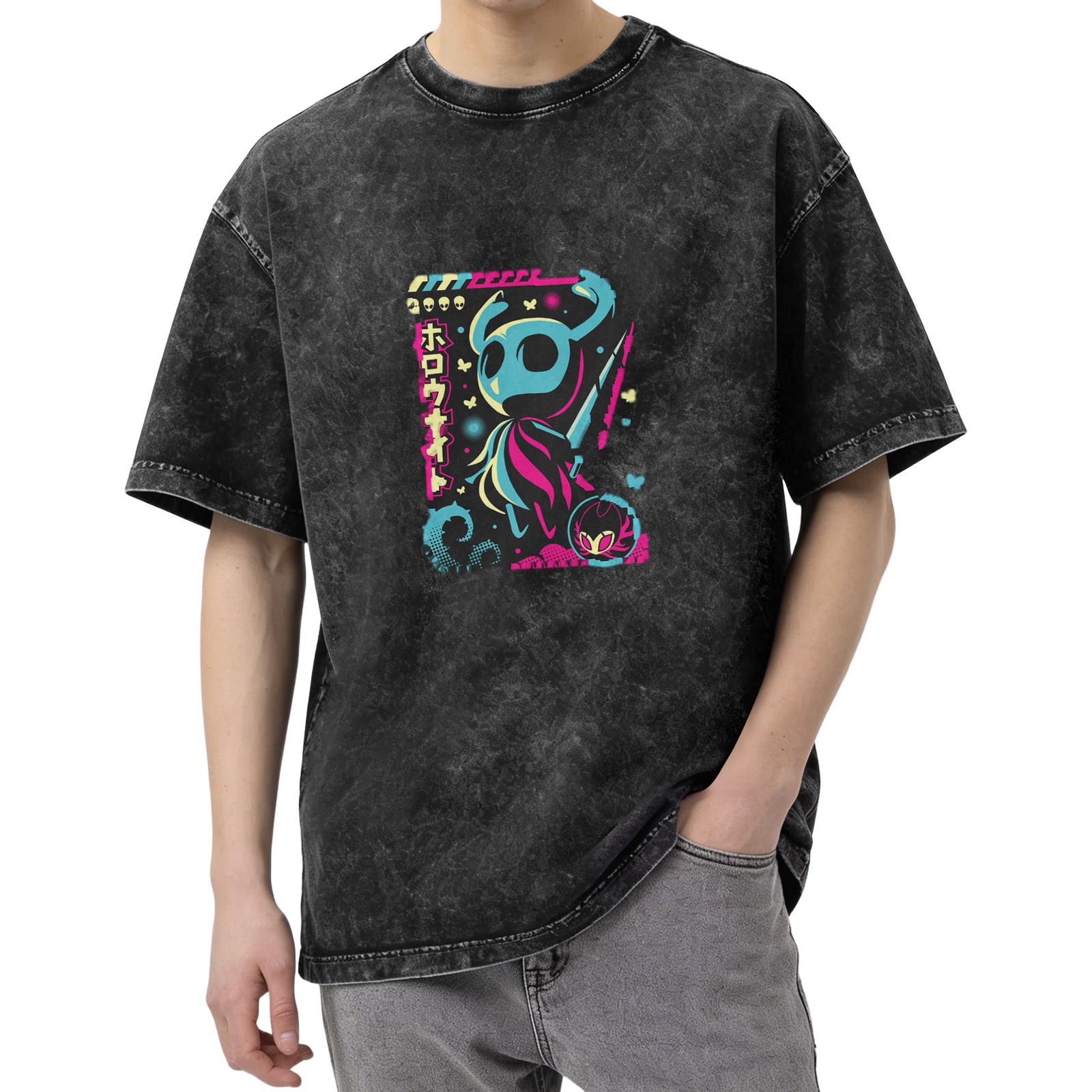 Hollow Knight Neon Graphic Acid Wash Cotton T-Shirt
