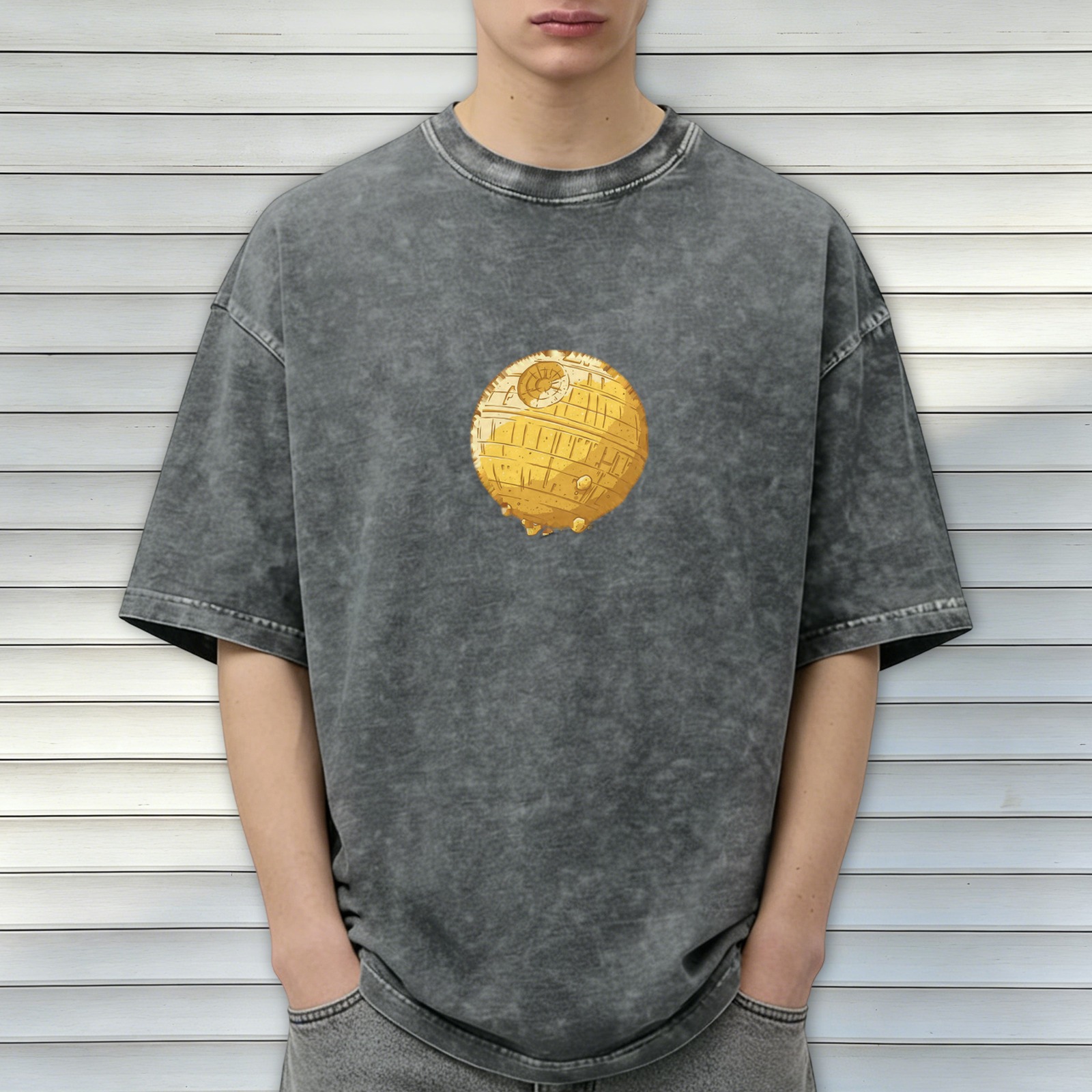 Oversized Stonewashed T-Shirt With Golden Death Star Print