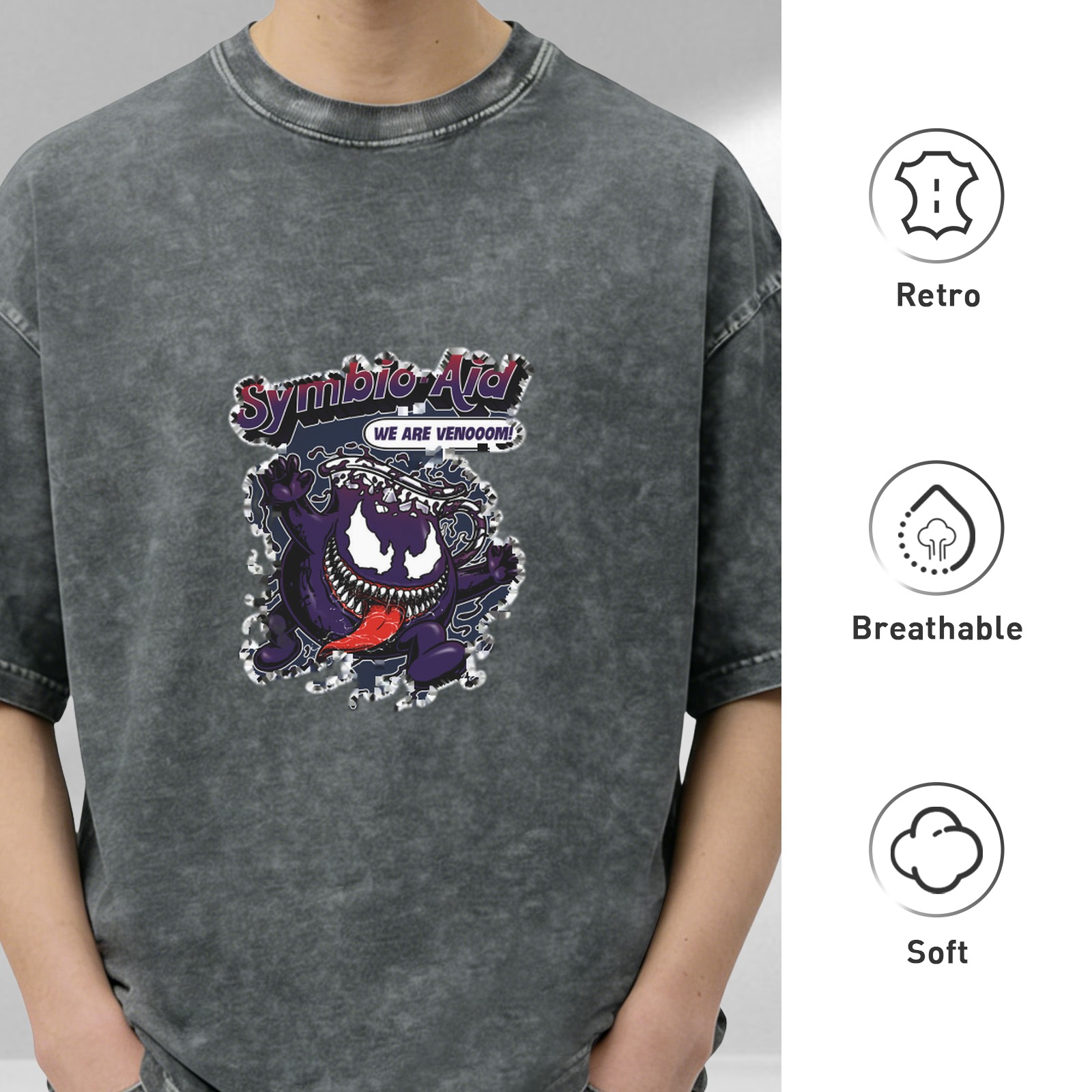 Washed Black Graphic T-Shirt with Symbiote 'Symbio-Aid' Design
